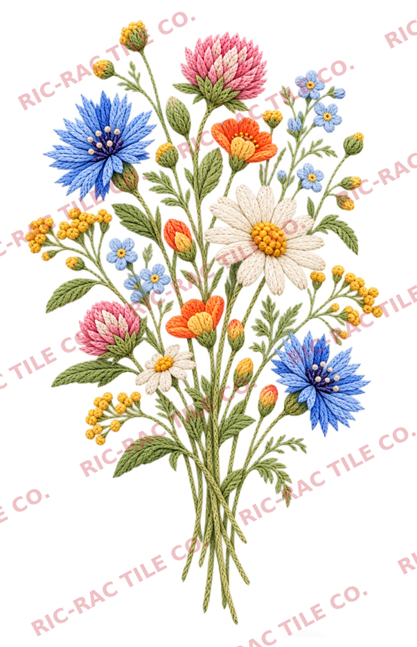 A bouquet of embroidered wildflowers in blue, pink, orange, and yellow