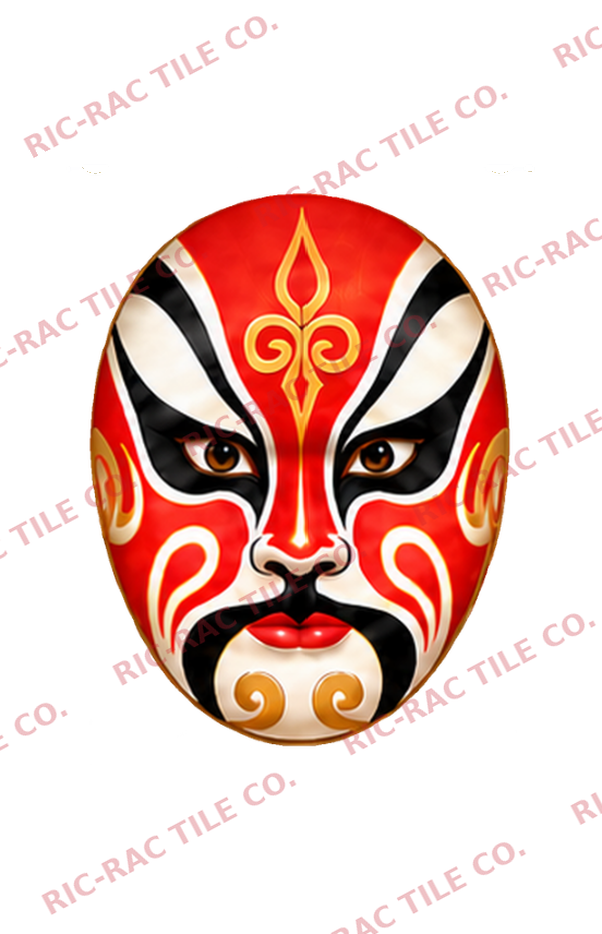 A red, black, and gold opera-style face mask