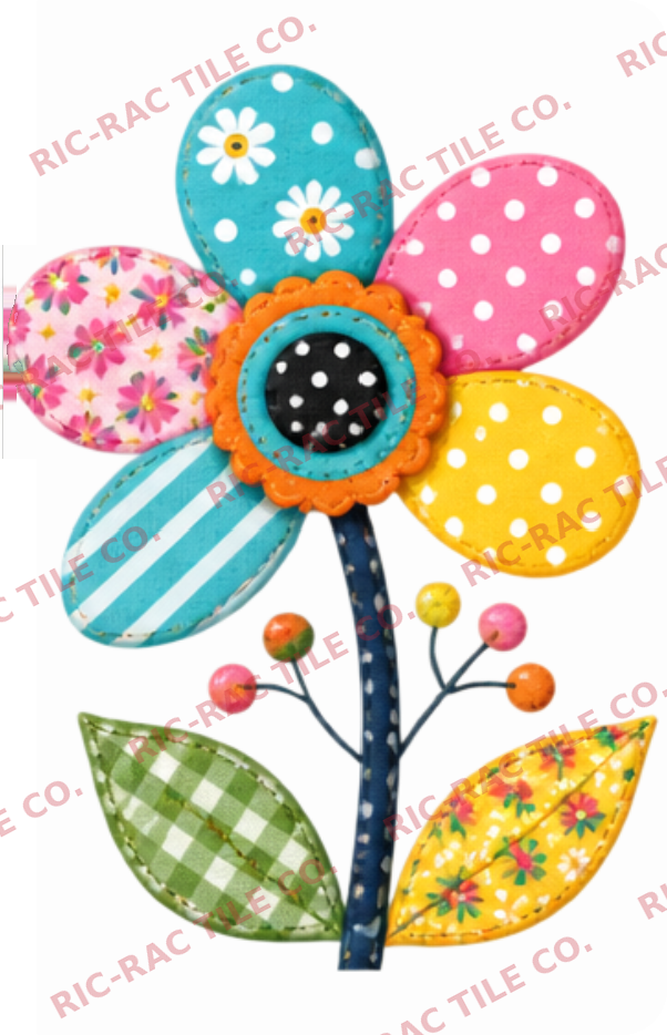 A bright patchwork flower design with polka dot, striped, and gingham petals and leaves